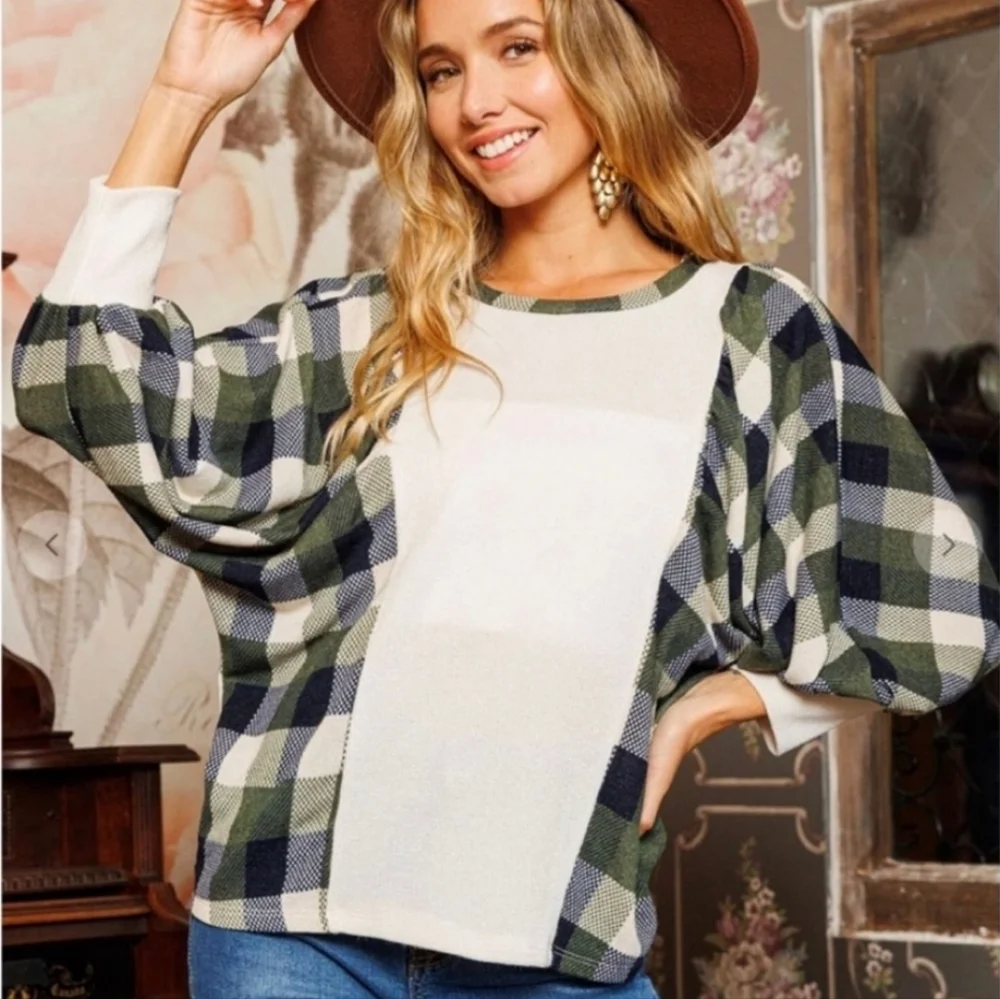 Boho Check Pattern Color Block Balloon Sleeve Top - Picture 1 of 4